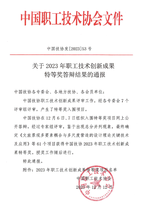 公司成果獲中國技協(xié)2023年職工技術(shù)成果特等獎